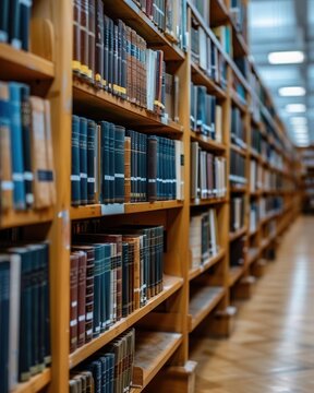 Rows of library books, bright and well-lit, wooden shelves, side view, organized and academic feel