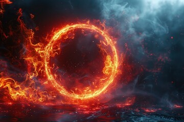 Obraz premium Fiery Swirls: Red Abstract Circle with Plasma Lightning and Particle Effects