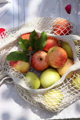 Green and red apples with leaves in white cotton mech bag. Eco friendly reusable shopping bag close up photo. Ripe apples in a string bag on a white tablecloth. Eating healthy concept. 