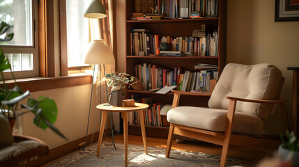 A cozy living room with a white chair, a table, and a potted plant