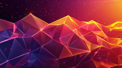 A visually stunning image of vibrant, multi-colored geometric shapes forming triangular mountain peaks against a backdrop of a dusk sky, creating a dynamic and modern aesthetic.