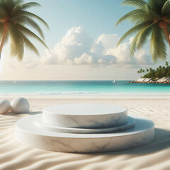 Obraz premium White stone podium with copy space for product display on tropical summer sand beach background 