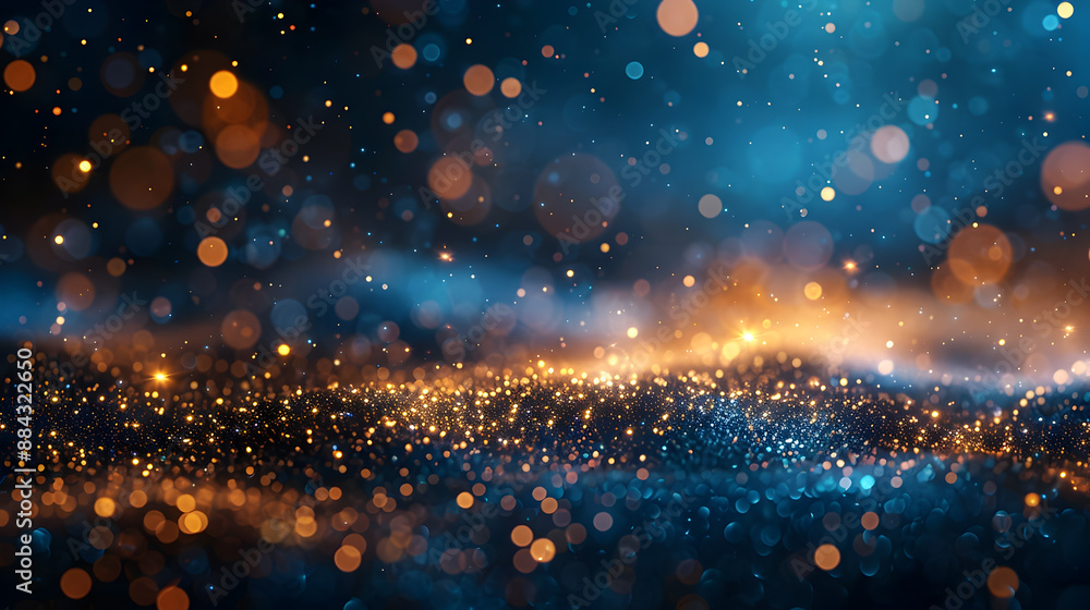 Poster mesmerizing abstract background of blurred blue gold and black glitter lights luminous floating form