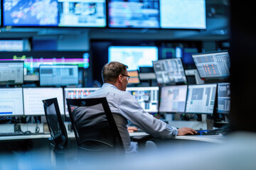 Engineer working on multiple monitors controlling scada application