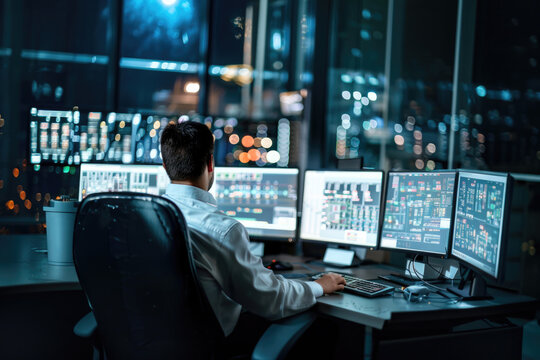 Engineer working on multiple monitors controlling scada application
