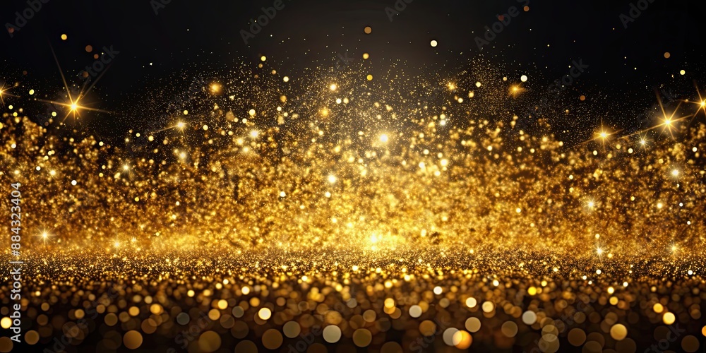 Wall mural Explosion of metallic gold glitter sparkles in the air, glitter, sparkle, golden, powder, celebrate, blur, foil, explode