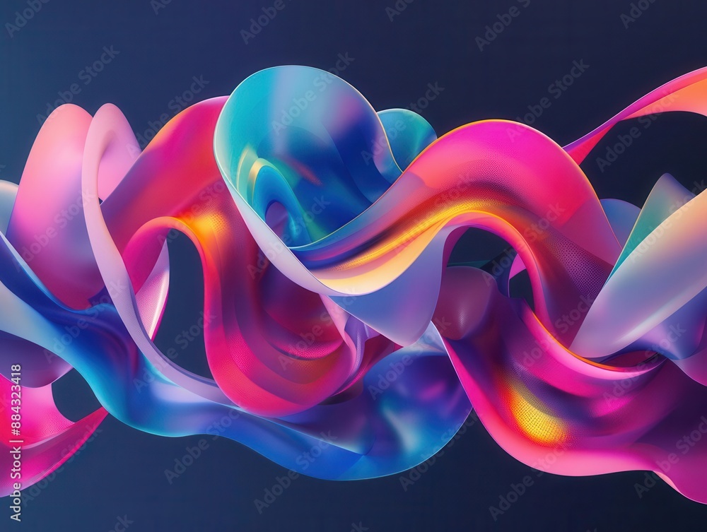 Poster abstract 3d composition of flowing geometric shapes in vibrant neon colors against a dark background