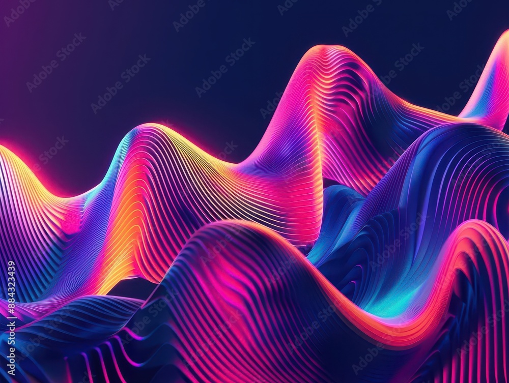 Poster abstract 3d composition of flowing geometric shapes in vibrant neon colors against a dark background