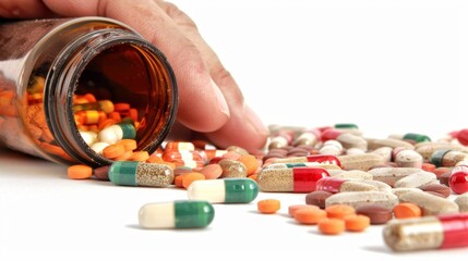 Hand reaching for pills with bottle spilled, focus on medication, white background close up