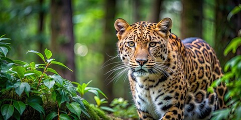 Fototapeta premium Amur leopard stalking through dense forest during daytime, Amur leopard, prowling, hunting, predator, wildlife