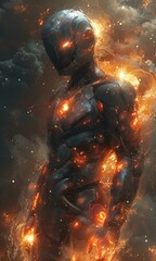 A man in armor standing in front of flames.