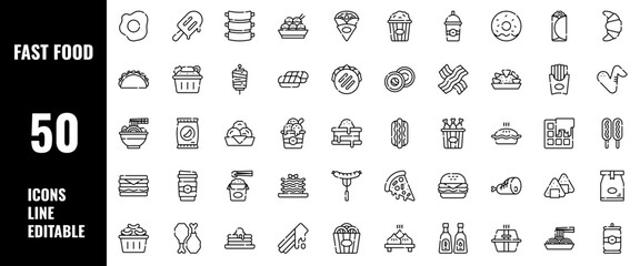 50 Fast Food Icons Set Line Editable Vector Illustration