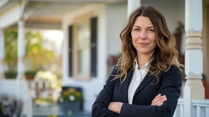A smiling businesswoman standing in a residential street, embodying professional success and confidence, perfect for themes of career, business, and lifestyle.