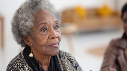 Elderly African American woman looking pensive, wearing a sweater, sitting in a bright room. Concept of contemplation, aging, and peacefulness, suitable for World Alzheimer's Day