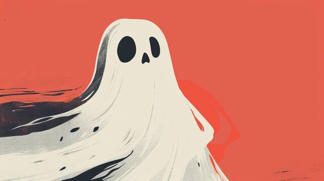 A whimsical, cartoon ghost with a surprised expression floats against a bold orange background, bringing a playful twist to the traditionally spooky figure.