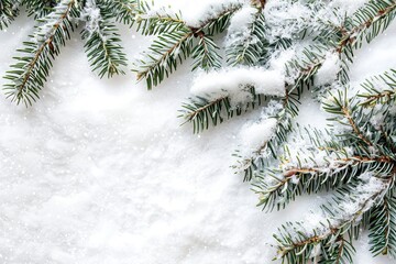 Snowy fir tree branches on white snow background