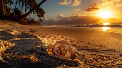 Bitcoin in beach sand at sunset