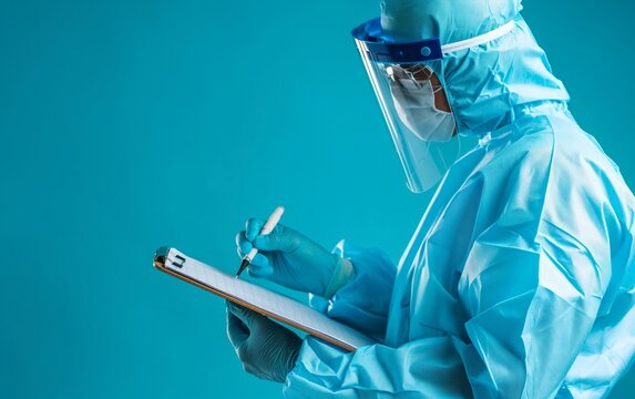 A healthcare professional in full PPE writing on a clipboard, highlighting safety and documentation in medical settings, ideal for healthcare and safety themes.