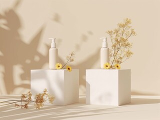 A minimalist flat lay display of skincare products with daisies and white cubes, perfect for advertising and mockups with ample copy space. Minimal mockup background.