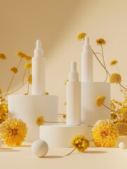Stylish white cosmetic bottles arranged with yellow flowers, set against a soft background, epitomizing natural beauty and elegance. Ideal for beauty, skincare, and product-themed projects.