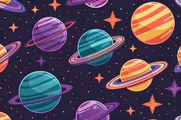 Seamless Pattern With Colorful Planets and Stars For Textiles, Wrapping Paper.Cartoon Outer Space
