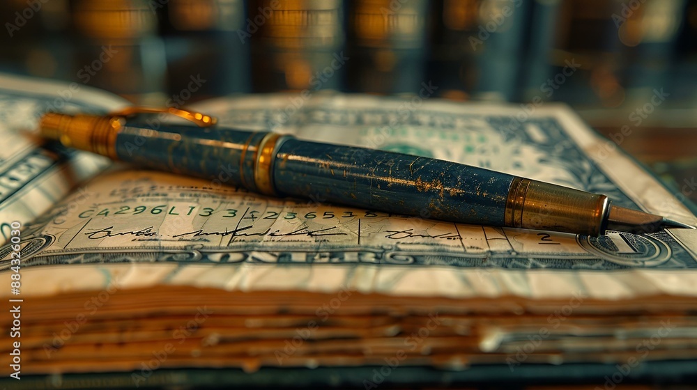 Poster an image of a pen and a book on a table.