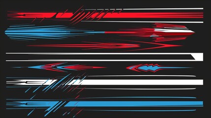 A collection of assorted abstract red, blue, and white graphic design lines, portraying a modern and futuristic artistic style thoughtfully composed on a dark background.