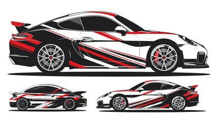 A high-performance sports car featuring a striking design with red, black, and white graphics, embodying a sense of speed, power, and modern aesthetics.
