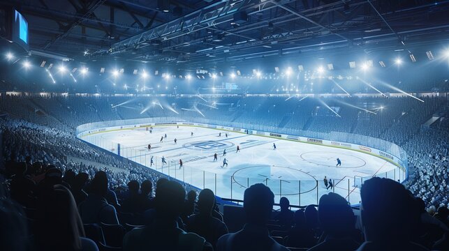 A breathtaking view of a large ice hockey arena packed with spectators, with teams playing on a visibly frozen ice surface under bright stadium lights.