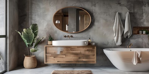 A bathroom cabinet with an oval mirror, solid wood furniture and gray walls. It has a modern style with simple lines, light colors.