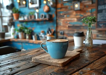 Coffee cup on wooden table against blue wall.