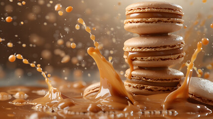Stacked caramel macarons are enveloped in splashing caramel sauce, creating a luxurious and indulgent dessert scene that highlights their sweet and decadent appeal.