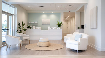 Fototapeta premium Luxury beauty and nail salon reception room with blue ornament interior