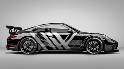 Naklejka premium A futuristic black sports car showcasing a geometric silver pattern on its body, emphasizing advanced automotive design and high-performance in a striking side view.