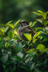 Fototapeta premium Close-up of a sparrow perched on a branch, highlighting the beauty and simplicity of nature. Ideal for nature, wildlife, and bird-themed projects.