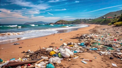 Garbage polluting a beautiful beach , pollution, trash, litter, ocean, environmental, plastic, waste, marine