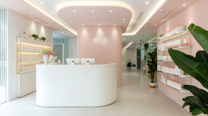 Luxury beauty and nail salon reception room with pink ornament interior