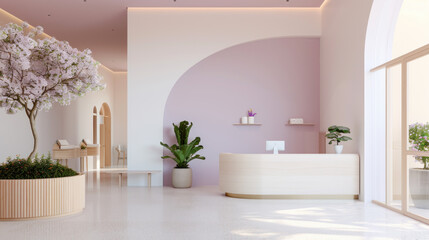 Luxury beauty and nail salon reception room with purple ornament interior