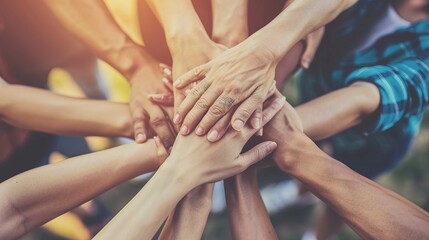 A top view of hands stacked atop one another signifying diverse group unity, cooperation, teamwork, mutual support, friendship, bonding, and social connection.