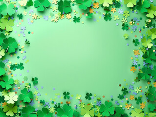 Frame top border made of four leaf clover paper cut and confetti on green background. Saint Patricks Day banner design.