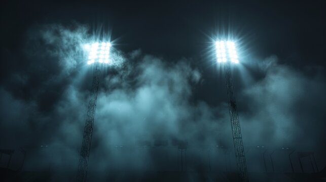This striking image depicts stadium floodlights casting beams of light through thick fog at night, creating a dramatic and atmospheric scene adding to the mystique of sports events.