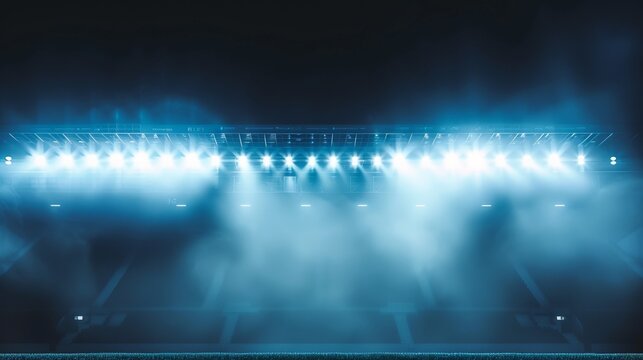 This image depicts an array of bright stadium lights cutting through the misty night air, their intense beams creating a vibrant display against a backdrop of hazy darkness.