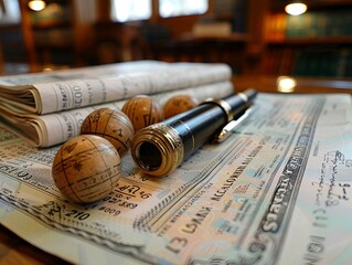 A book, pen, and telescope neatly arranged on a table.