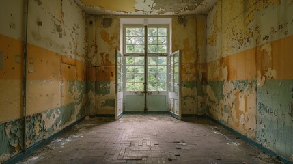 Obraz premium This image captures the stark contrast between a desolate, decaying room with peeling paint and a glimpse of lush greenery visible through the open doors, evoking feelings of desolation and hope.