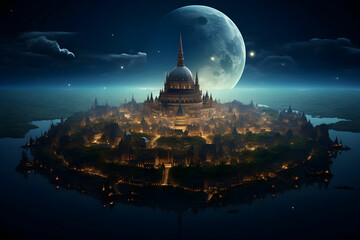 Obraz premium Small planet with city on top of it in the middle of the sky