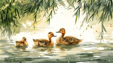 The image shows a watercolor painting of a mother duck and her two ducklings swimming in a pond on a sunny day. The ducks are surrounded by green foliage.