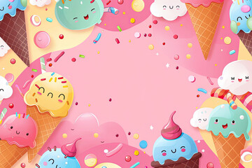 National Ice Cream Day banner with smiling ice cream treats, colorful sprinkles, confetti, and playful clouds. Cute background in soft pink, blue, and yellow for a happy, summery vibe