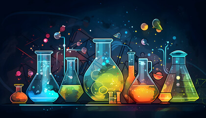 Science background illustration scientific design Flasks glass and chemistry physics elements