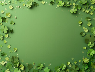 Frame top border made of four leaf clover paper cut and confetti on green background. Saint Patricks Day banner design.