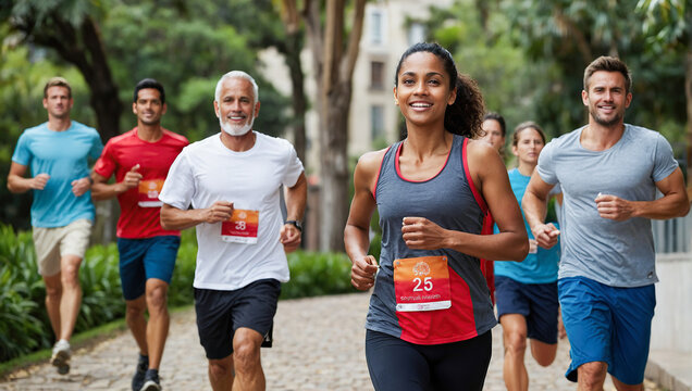  A diverse group of runners jogging together in a park, all smiling and wearing fitness gear.